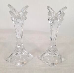 Pair Mikasa Deco Art Crystal Candle Holders 5 1/2" Tall Hollywood Regency Retro